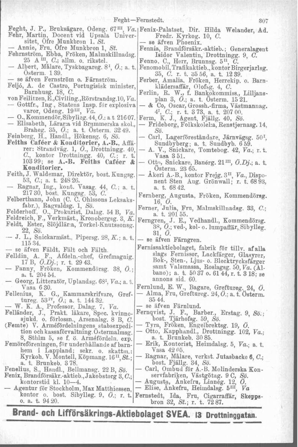 de Castro, Portugisisk minister, Barnhusg. 18, C. von Feilitzen, E.,Civiling.,Rörstrandsg.l0, Va. - Gottfr., Ing, Statens Insp. for explosiva varor, Odeng. 19"', Va. - O.,Kommendör,Sibylleg.44, O.