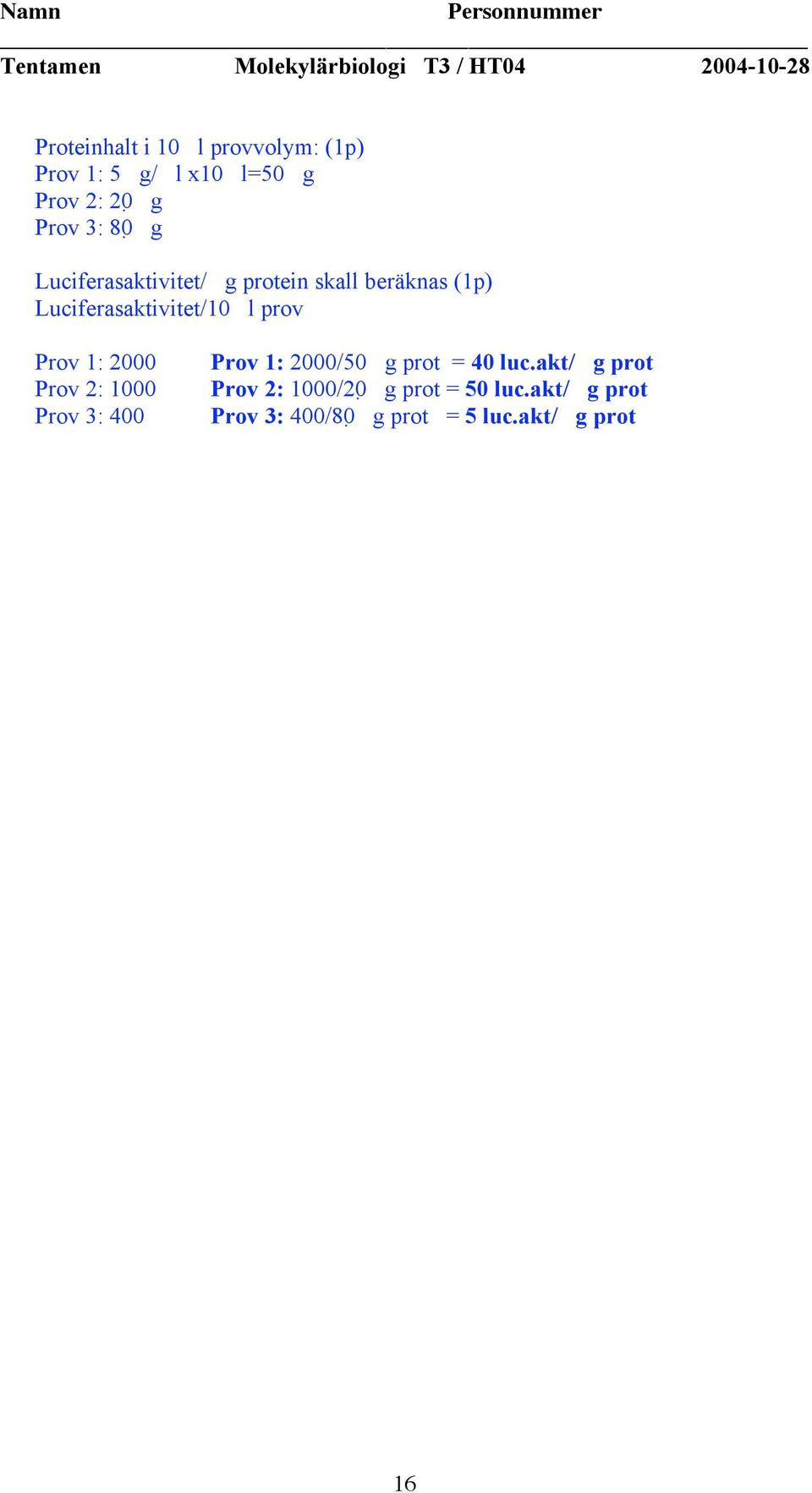 Luciferasaktivitet/10 l prov Prov 1: 2000 Prov 1: 2000/50 g prot = 40 luc.