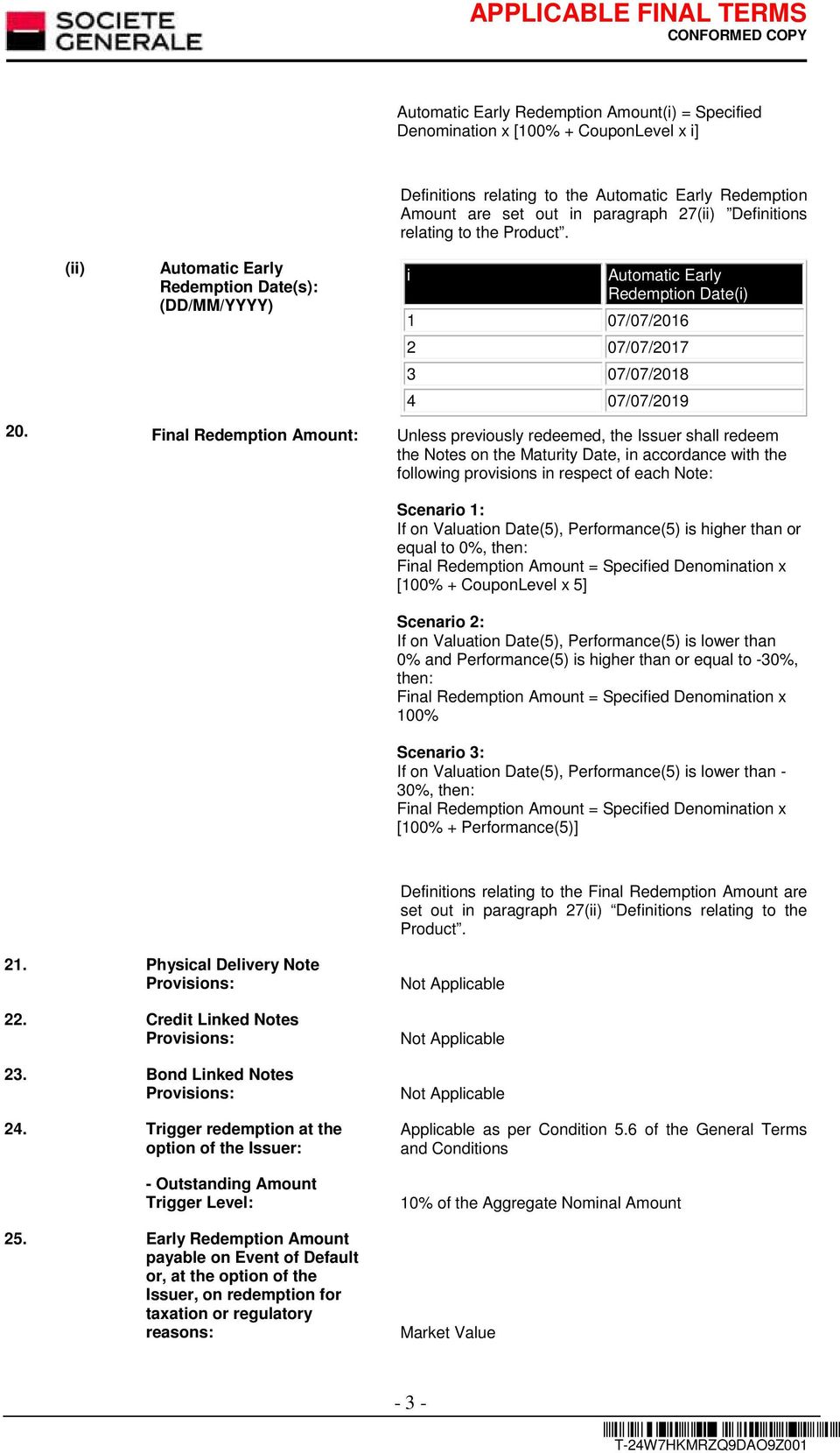 Final Redemption Amount: Unless previously redeemed, the Issuer shall redeem the Notes on the Maturity Date, in accordance with the following provisions in respect of each Note: Scenario 1: If on