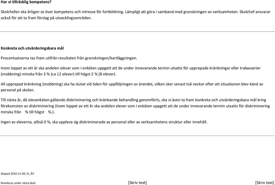 Inom loppet av ett år ska andelen elever som i enkäten uppgett att de under innevarande termin utsatts för upprepade kränkningar eller trakasserier (mobbning) minska från 3 % (ca 12 elever) till