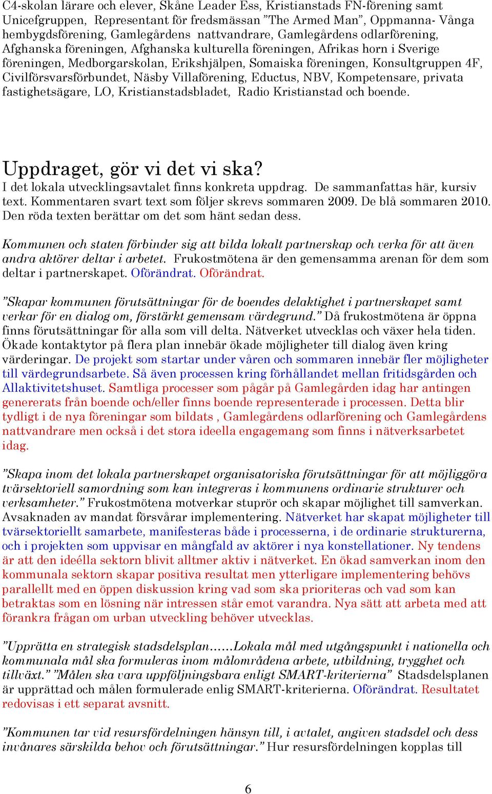 Civilförsvarsförbundet, Näsby Villaförening, Eductus, NBV, Kompetensare, privata fastighetsägare, LO, Kristianstadsbladet, Radio Kristianstad och boende. Uppdraget, gör vi det vi ska?