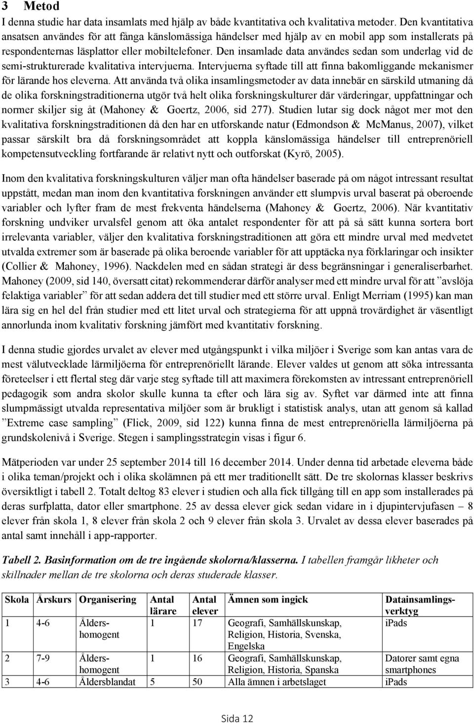 Den insamlade data användes sedan som underlag vid de semi-strukturerade kvalitativa intervjuerna. Intervjuerna syftade till att finna bakomliggande mekanismer för lärande hos eleverna.