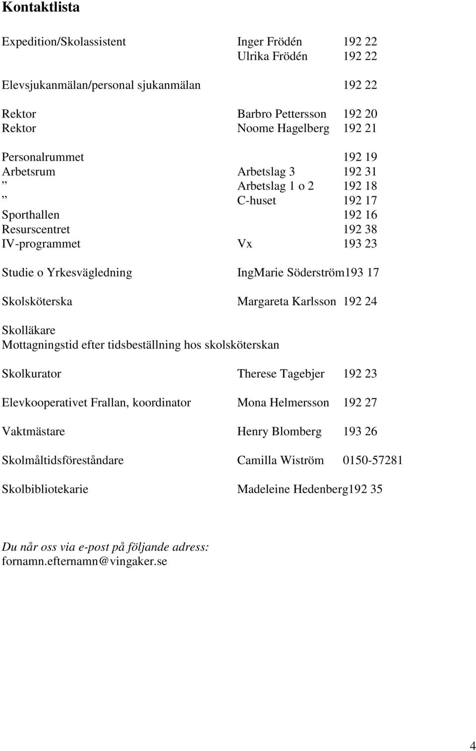 Söderström193 17 Skolsköterska Margareta Karlsson 192 24 Skolläkare Mottagningstid efter tidsbeställning hos skolsköterskan Skolkurator Therese Tagebjer 192 23 Elevkooperativet Frallan, koordinator