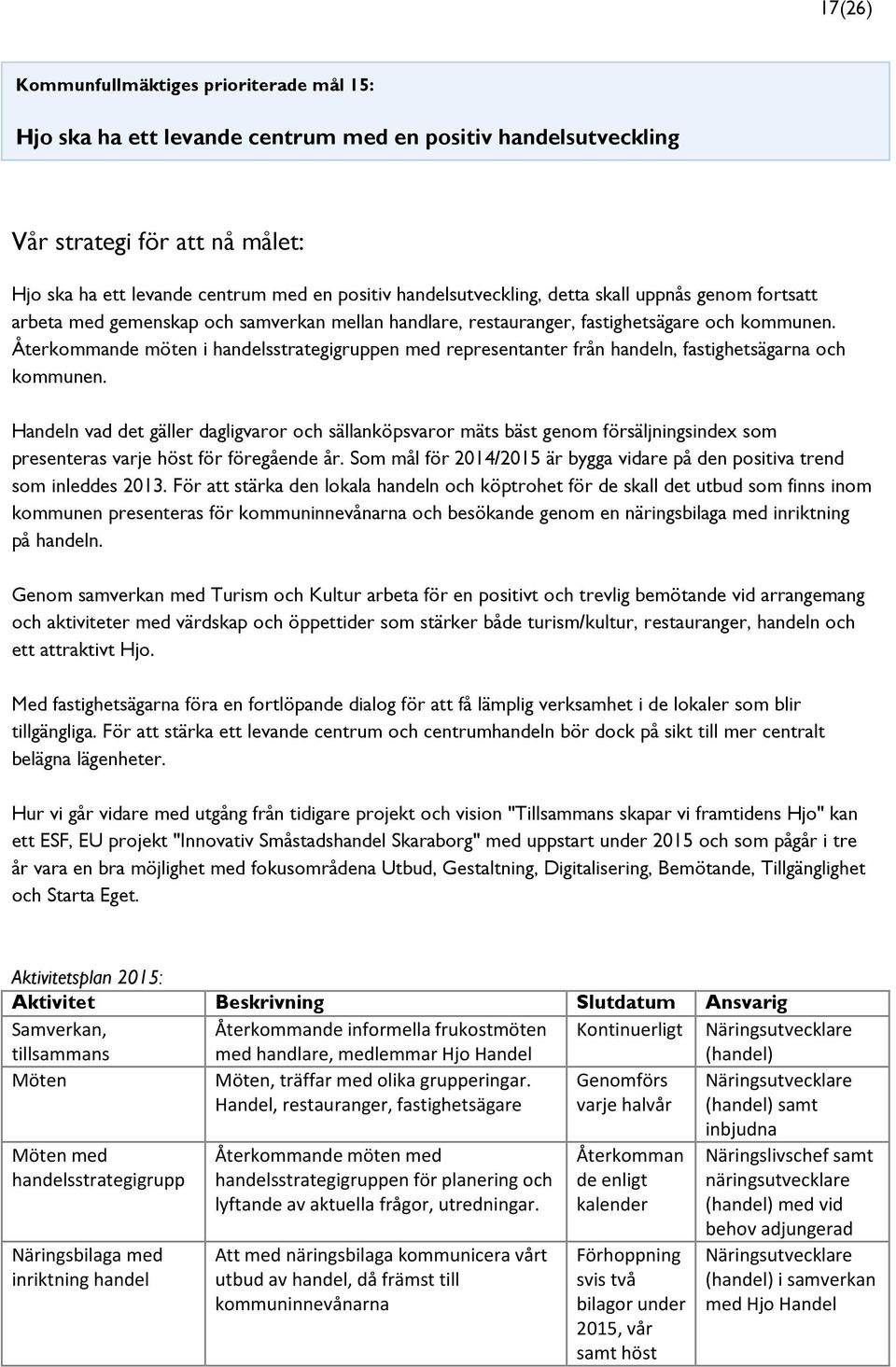 Återkommande möten i handelsstrategigruppen med representanter från handeln, fastighetsägarna och kommunen.