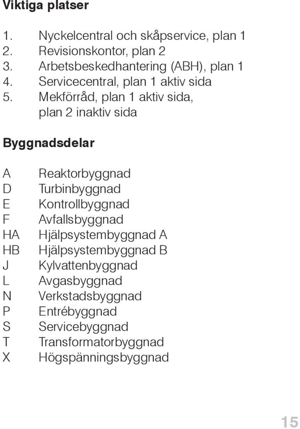 Mekförråd, plan 1 aktiv sida, plan 2 inaktiv sida Byggnadsdelar A D E F HA HB J L N P S T X Reaktorbyggnad