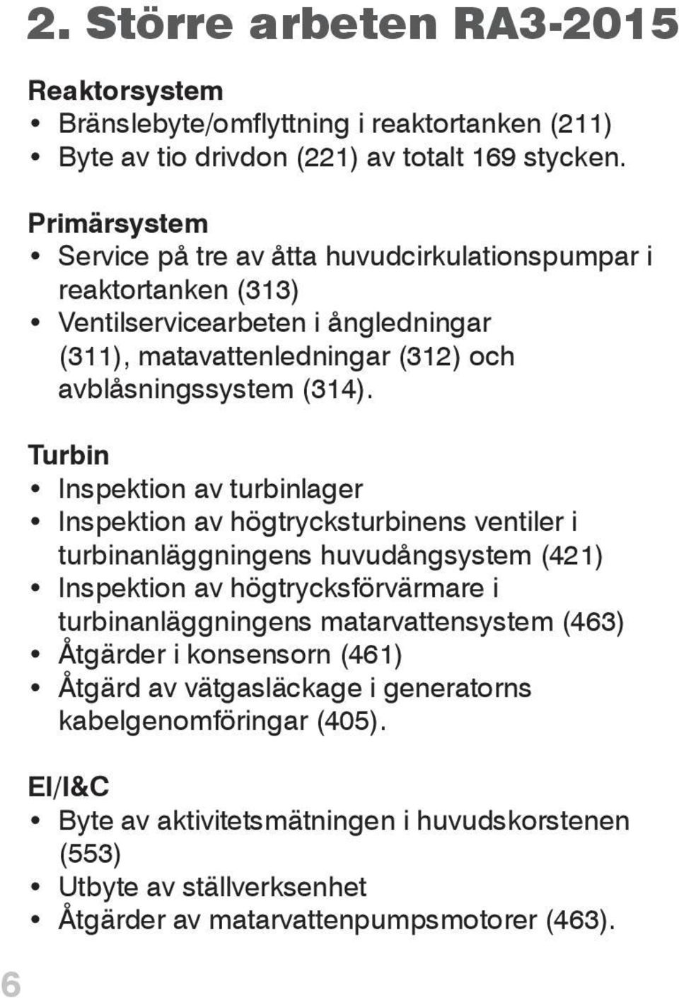 Turbin Inspektion av turbinlager Inspektion av högtrycksturbinens ventiler i turbinanläggningens huvudångsystem (421) Inspektion av högtrycksförvärmare i turbinanläggningens