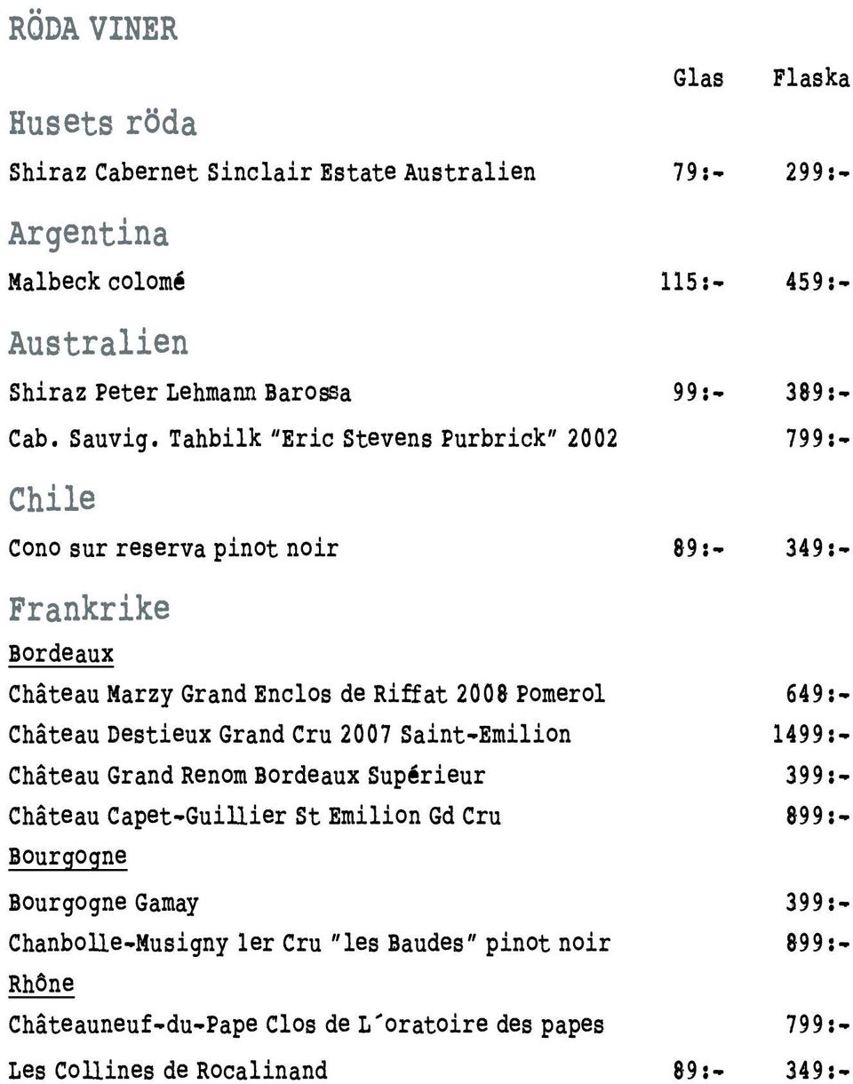 Tahbilk Eric Stevens Purbrick 2002 799:- Chile Cono sur reserva pinot noir 89:- 349:- Frankrike Bordeaux Château Marzy Grand Enclos de Riffat 2008 Pomerol 649:- Château