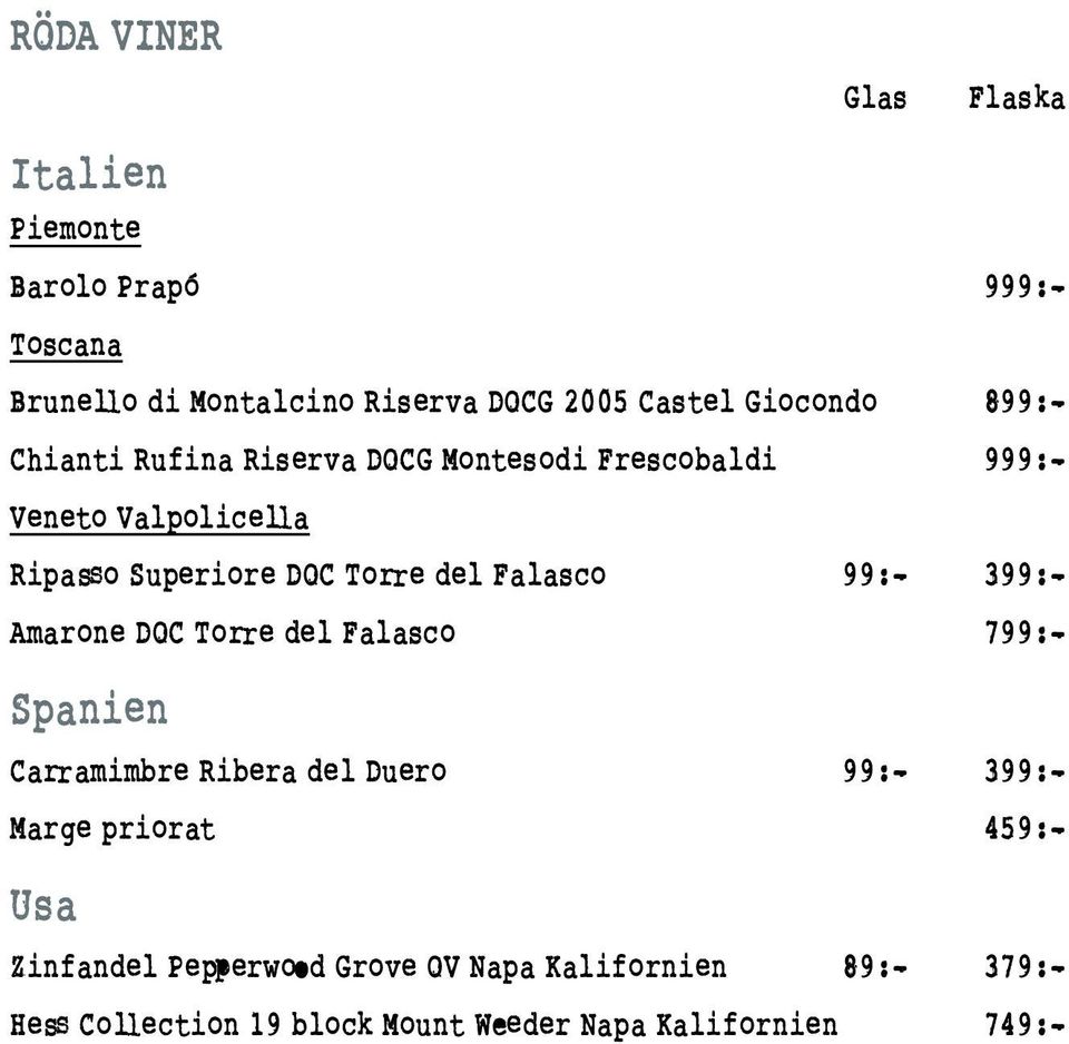 del Falasco 99:- 399:- Amarone DOC Torre del Falasco 799:- Spanien Carramimbre Ribera del Duero 99:- 399:- Marge priorat