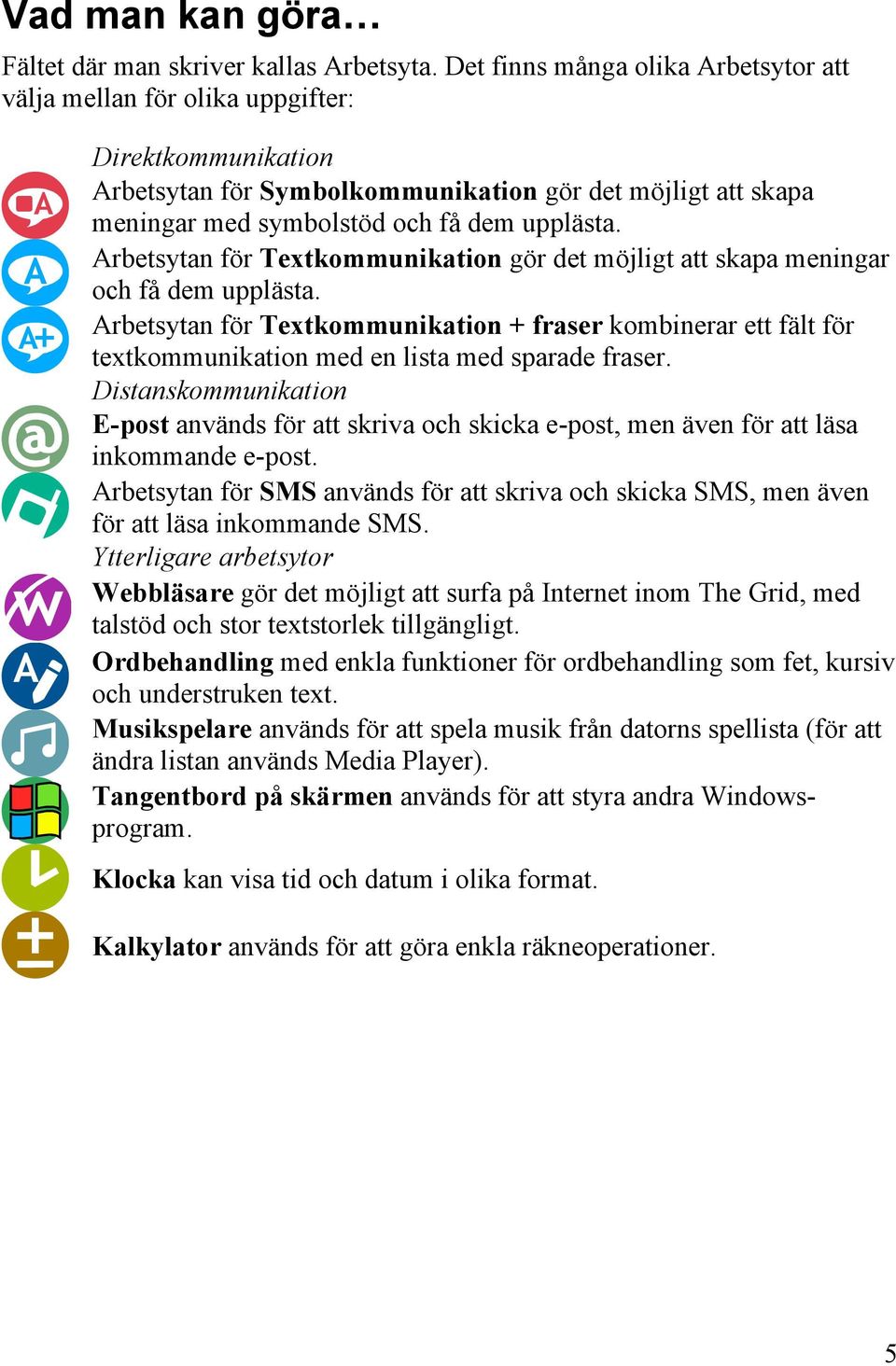 Arbetsytan för Textkommunikation gör det möjligt att skapa meningar och få dem upplästa.