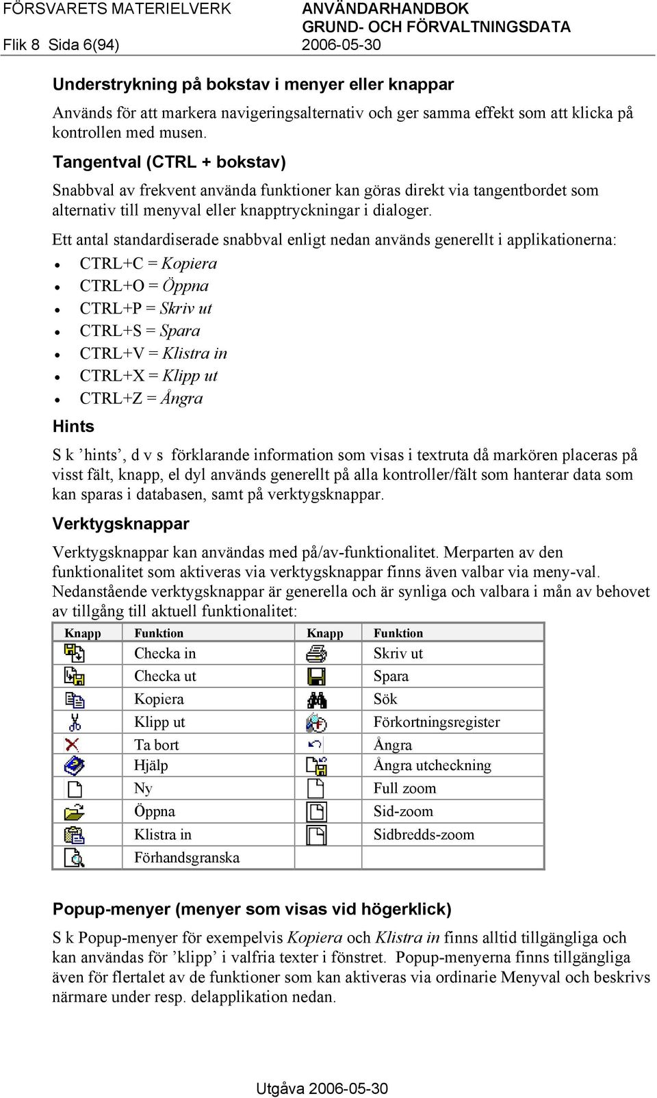 Ett antal standardiserade snabbval enligt nedan används generellt i applikationerna: CTRL+C = Kopiera CTRL+O = Öppna CTRL+P = Skriv ut CTRL+S = Spara CTRL+V = Klistra in CTRL+X = Klipp ut CTRL+Z =