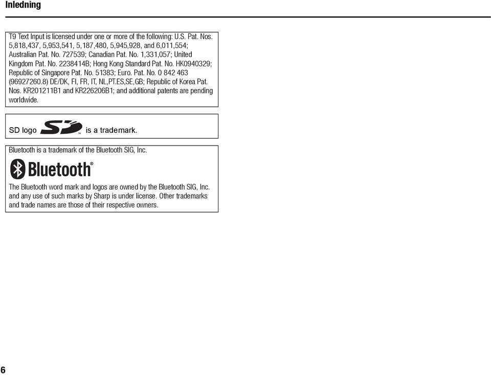 ES,SE,GB; Republic of Korea Pat. Nos. KR201211B1 and KR226206B1; and additional patents are pending worldwide. SD logo is a trademark. Bluetooth is a trademark of the Bluetooth SIG, Inc.