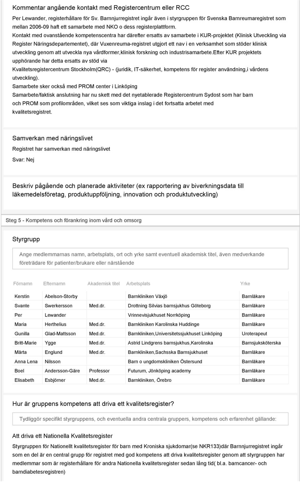 Kontakt med ovanstående kompetenscentra har därefter ersatts av samarbete i KUR-projektet (Klinisk Utveckling via Register Näringsdepartementet), där Vuxenreuma-registret utgjort ett nav i en