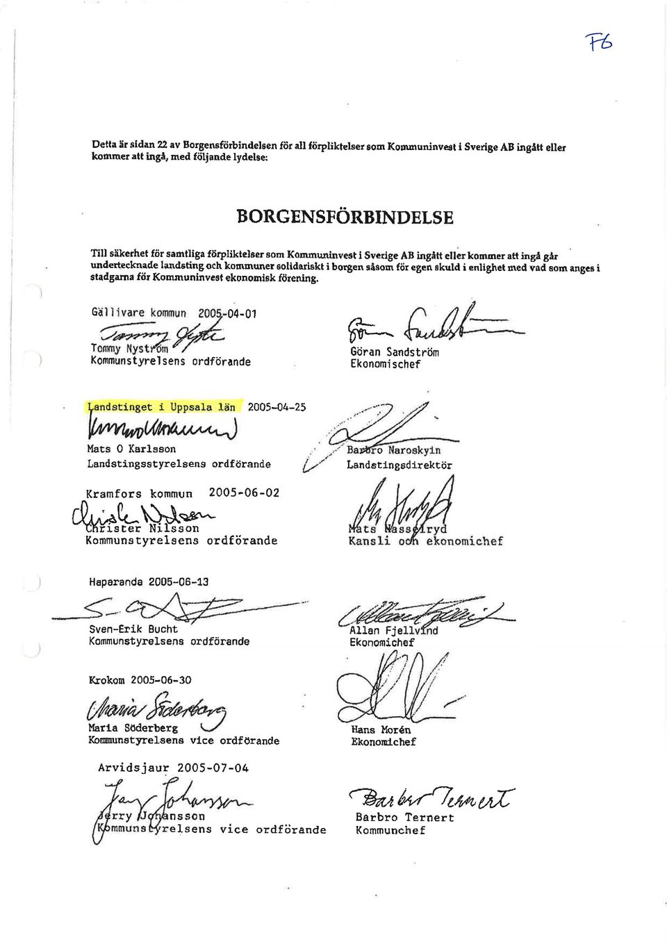 fö Kommunlnvest ekono rlok förenin g. G oc-or T Kommunstyrel sens ordförùnde /?-. Uu'- Göran Sandström Ekonomi schef 2005-04-25 Mats 0 Karlssort Landstingsstyrelsens ordf örande o Landstlngsdirektör Kramfors kommun 2005-06-02 cq 6.