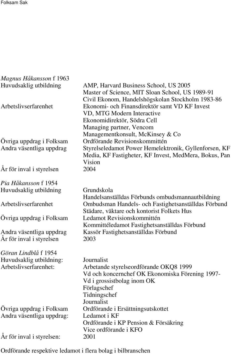 Revisionskommittén Styrelseledamot Power Hemelektronik, Gyllenforsen, KF Media, KF Fastigheter, KF Invest, MedMera, Bokus, Pan Vision Pia Håkansson f 1954 Grundskola Handelsanställdas Förbunds