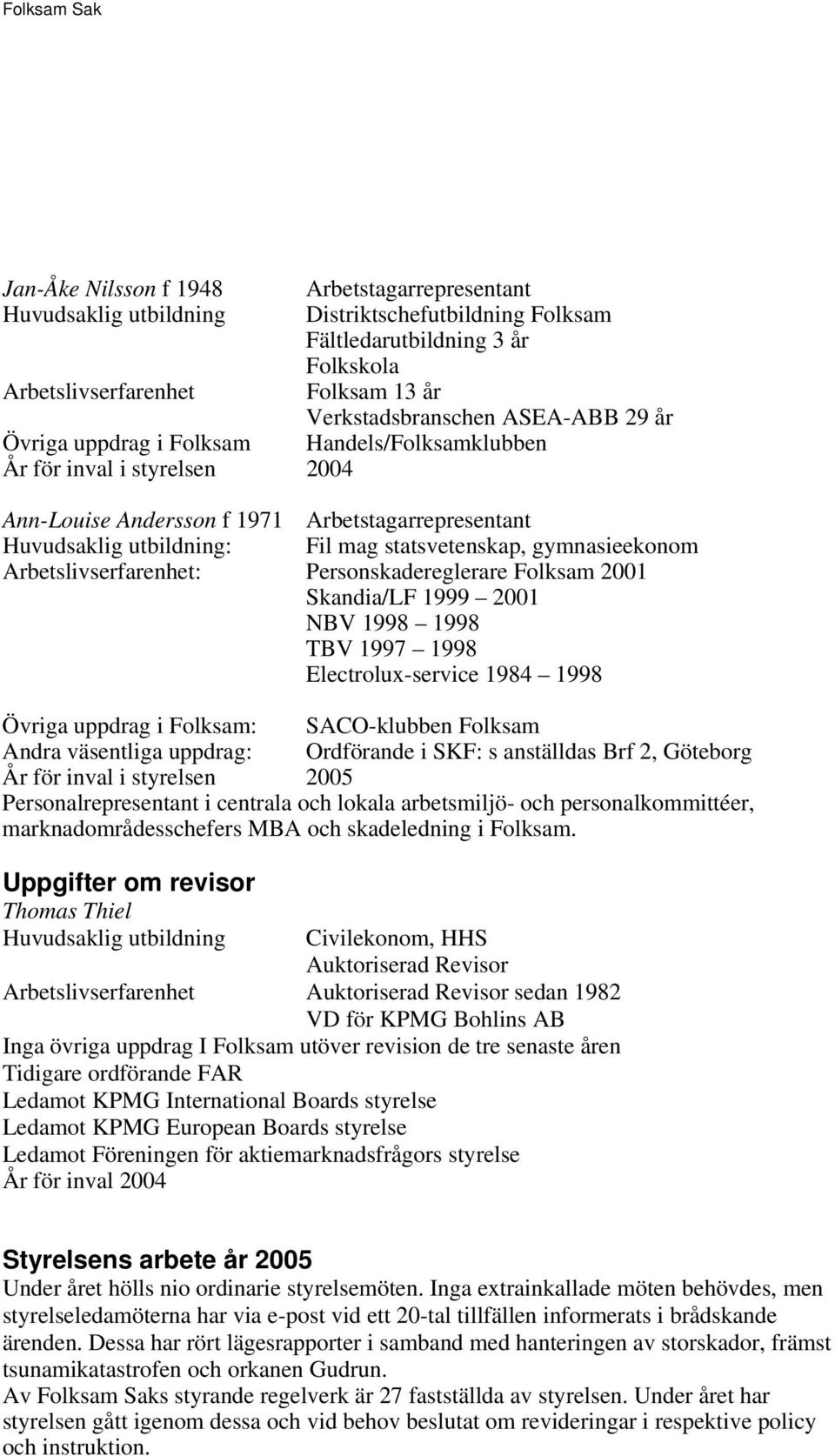 2001 NBV 1998 1998 TBV 1997 1998 Electrolux-service 1984 1998 Övriga uppdrag i Folksam: SACO-klubben Folksam : Ordförande i SKF: s anställdas Brf 2, Göteborg År för inval i styrelsen 2005