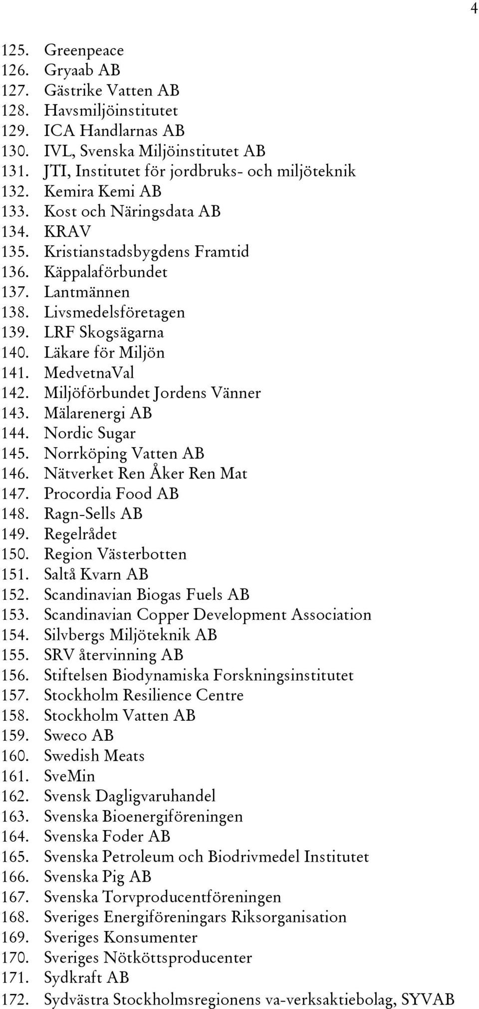 MedvetnaVal 142. Miljöförbundet Jordens Vänner 143. Mälarenergi AB 144. Nordic Sugar 145. Norrköping Vatten AB 146. Nätverket Ren Åker Ren Mat 147. Procordia Food AB 148. Ragn-Sells AB 149.