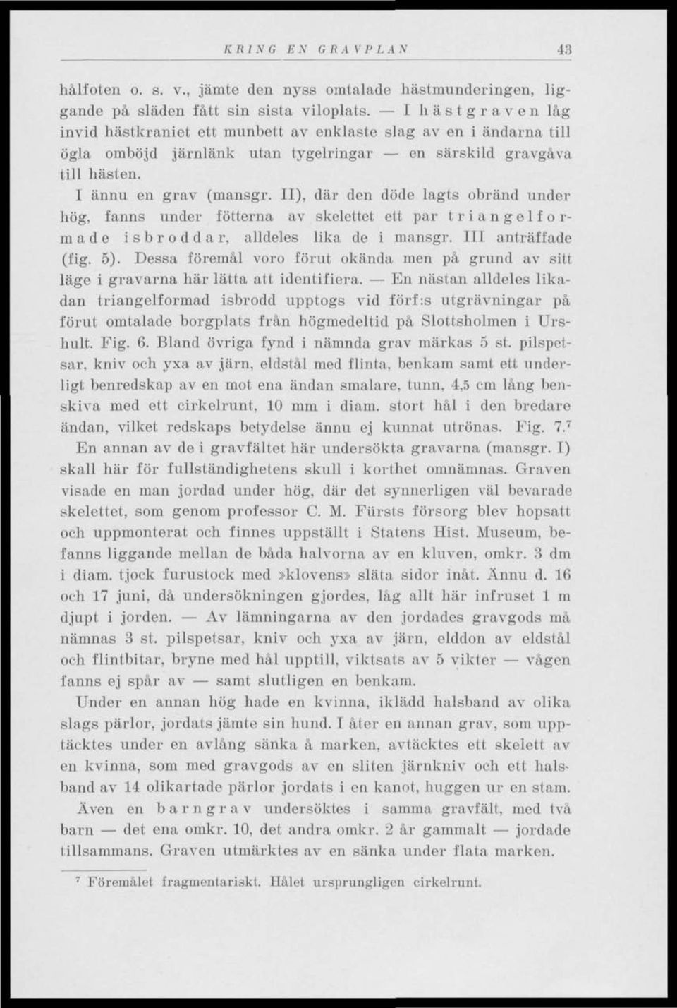 II), där den döde lagts obränd under hög, fanns under fötterna av skelettet ett par triangelfo r- made isbroddar, alldeles lika de i mansgr. III anträffade (fig. 5).