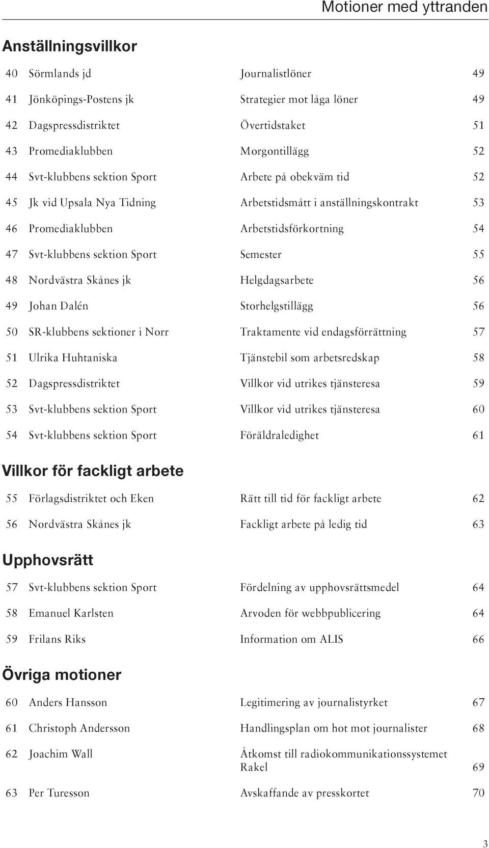 Semester 55 48 Nordvästra Skånes jk Helgdagsarbete 56 49 Johan Dalén Storhelgstillägg 56 50 SR-klubbens sektioner i Norr Traktamente vid endagsförrättning 57 51 Ulrika Huhtaniska Tjänstebil som