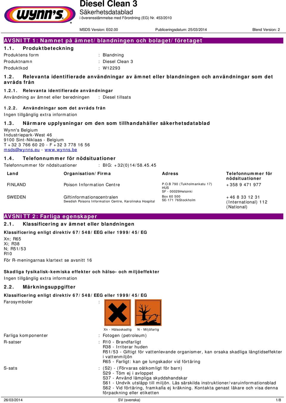 3. Närmare upplysningar om den som tillhandahåller säkerhetsdatablad Wynn's Belgium Industriepark-West 46 9100 Sint-Niklaas - Belgium T +32 3 766 60 20 - F +32 3 778 16 56 msds@wynns.eu - www.wynns.be 1.