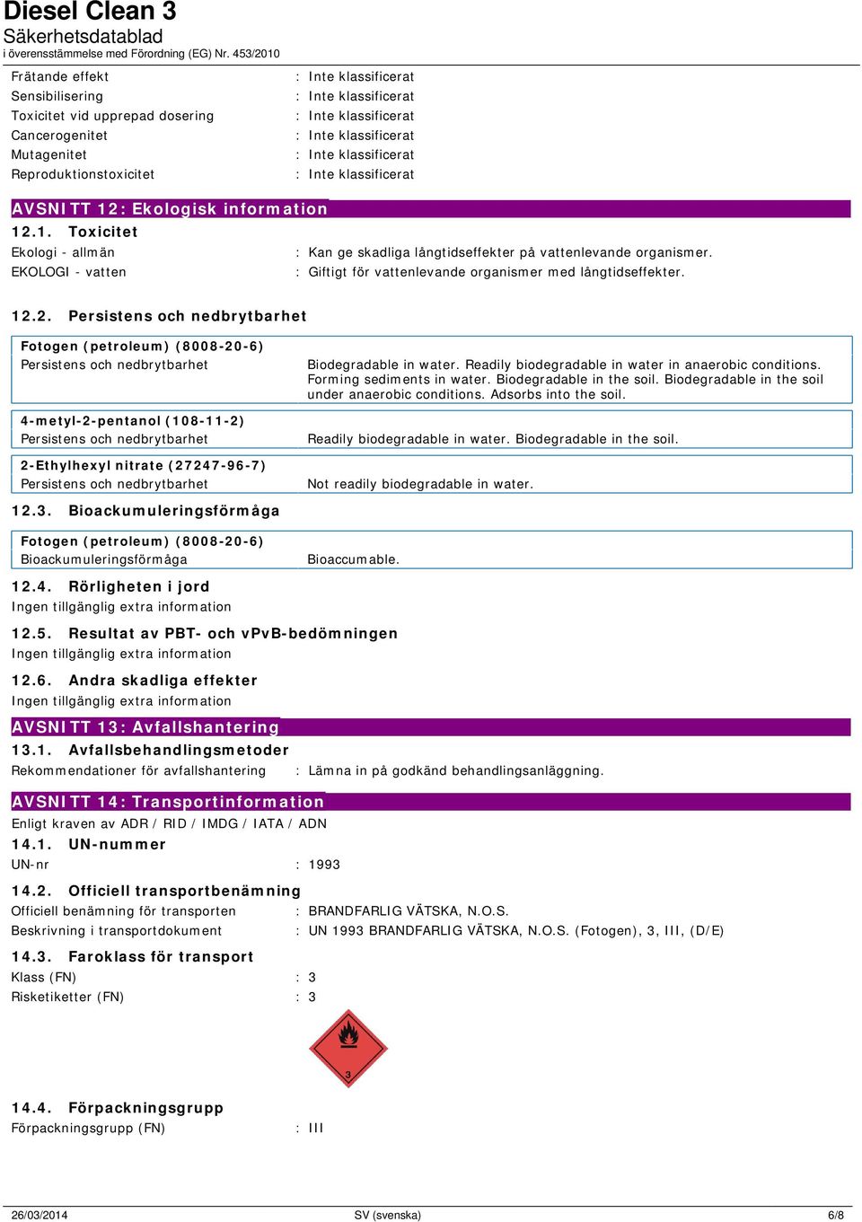 12.2. Persistens och nedbrytbarhet Fotogen (petroleum) (8008-20-6) Persistens och nedbrytbarhet 4-metyl-2-pentanol (108-11-2) Persistens och nedbrytbarhet 2-Ethylhexyl nitrate (27247-96-7) Persistens