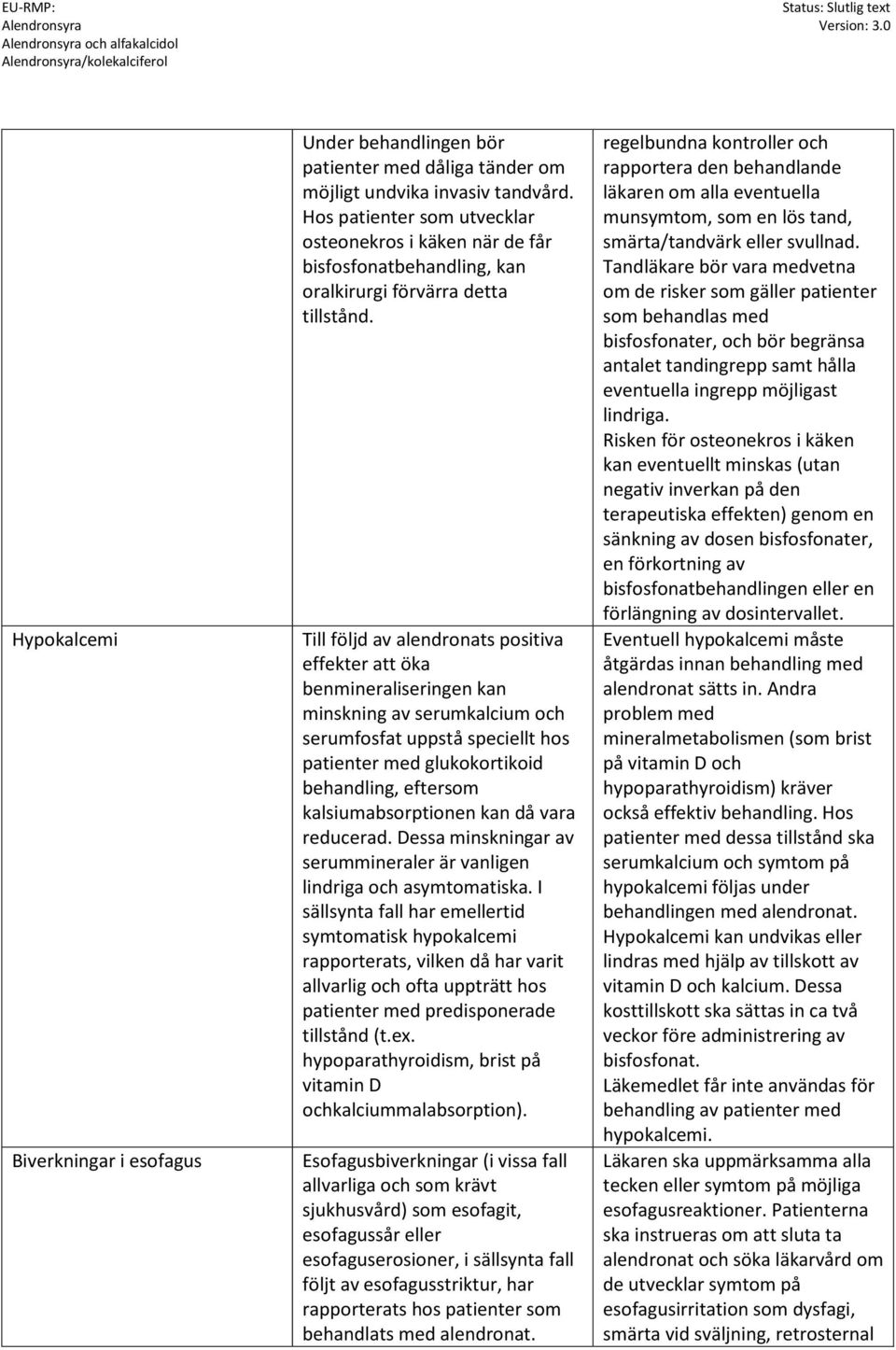 Till följd av alendronats positiva effekter att öka benmineraliseringen kan minskning av serumkalcium och serumfosfat uppstå speciellt hos patienter med glukokortikoid behandling, eftersom