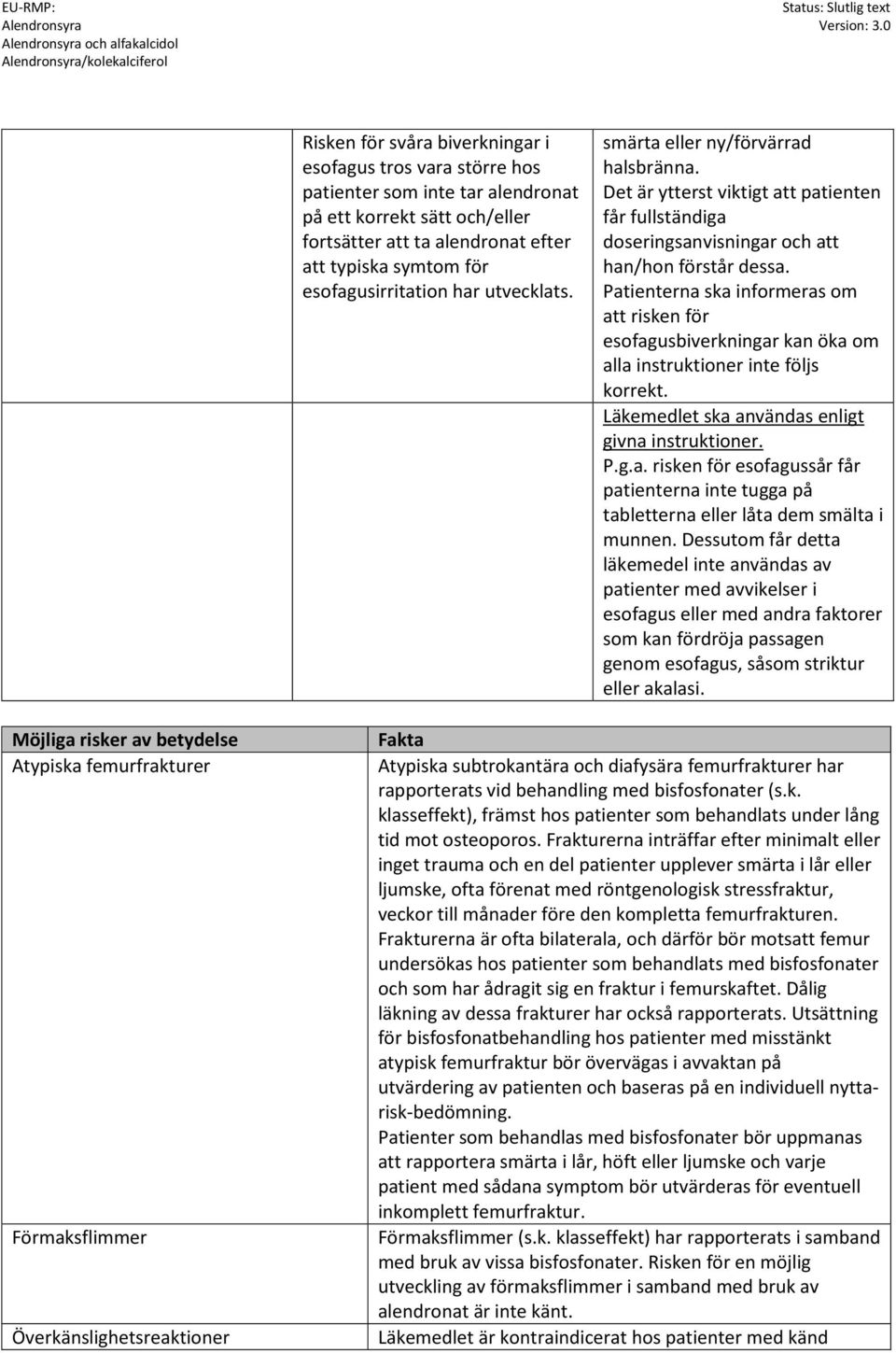 Patienterna ska informeras om att risken för esofagusbiverkningar kan öka om alla instruktioner inte följs korrekt. Läkemedlet ska användas enligt givna instruktioner. P.g.a. risken för esofagussår får patienterna inte tugga på tabletterna eller låta dem smälta i munnen.