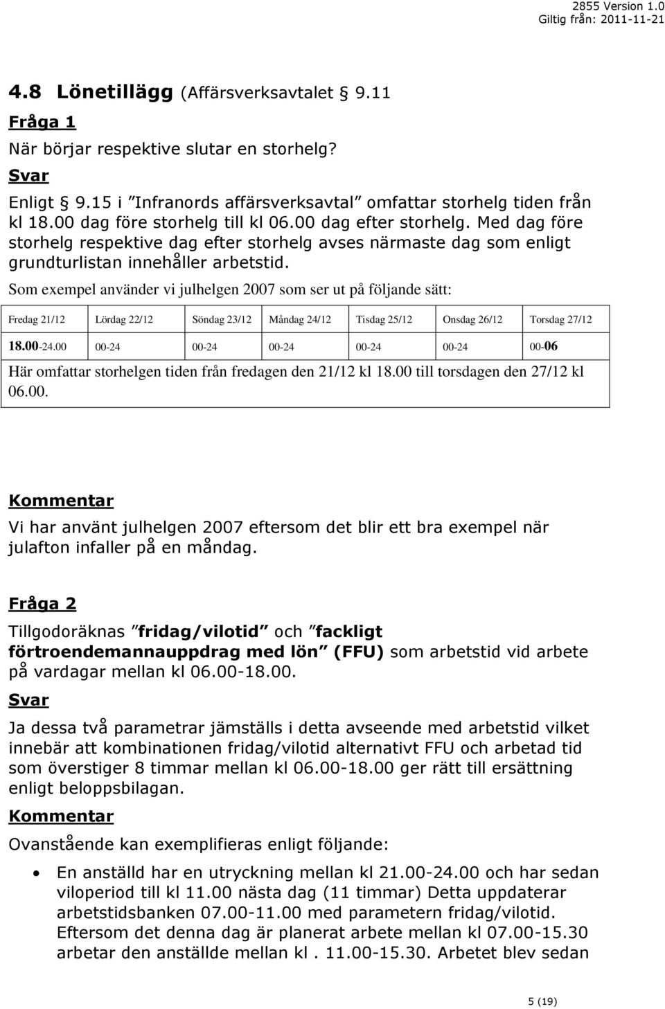 Som exempel använder vi julhelgen 2007 som ser ut på följande sätt: Fredag 21/12 Lördag 22/12 Söndag 23/12 Måndag 24/12 Tisdag 25/12 Onsdag 26/12 Torsdag 27/12 18.00-24.