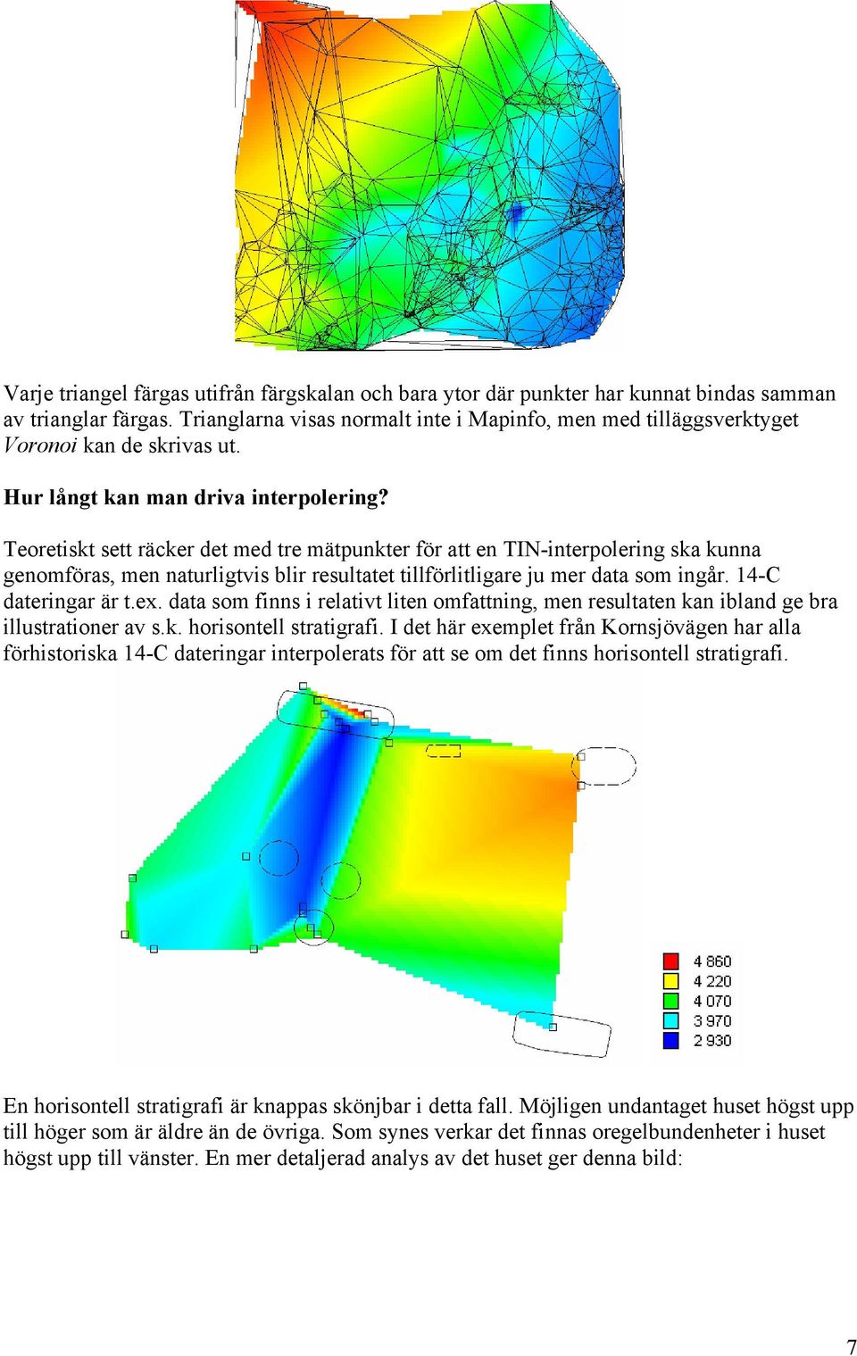 Teoretiskt sett räcker det med tre mätpunkter för att en TIN-interpolering ska kunna genomföras, men naturligtvis blir resultatet tillförlitligare ju mer data som ingår. 14-C dateringar är t.ex.