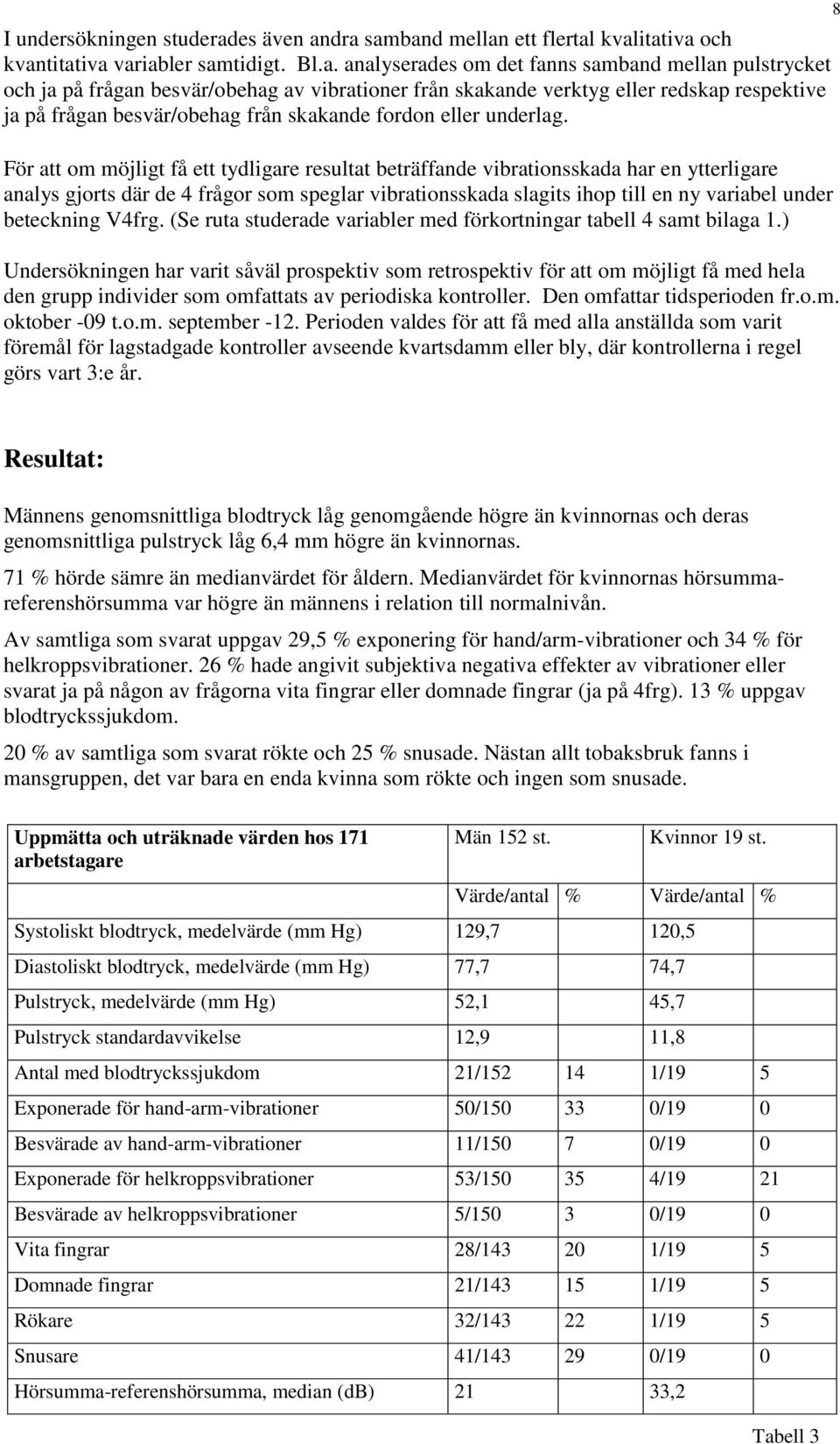 dra samband mellan ett flertal kvalitativa och kvantitativa variabler samtidigt. Bl.a. analyserades om det fanns samband mellan pulstrycket och ja på frågan besvär/obehag av vibrationer från skakande