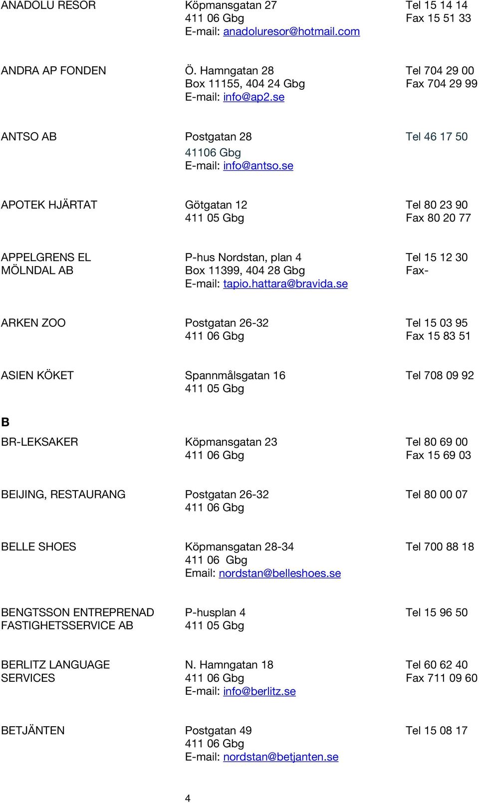 se APOTEK HJÄRTAT Götgatan 12 Tel 80 23 90 411 05 Gbg Fax 80 20 77 APPELGRENS EL P-hus Nordstan, plan 4 Tel 15 12 30 MÖLNDAL AB Box 11399, 404 28 Gbg Fax- E-mail: tapio.hattara@bravida.