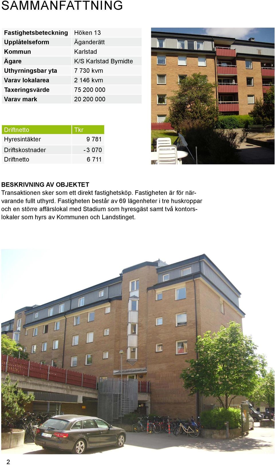 6 711 Beskrivning av objektet Transaktionen sker som ett direkt fastighetsköp. Fastigheten är för närvarande fullt uthyrd.