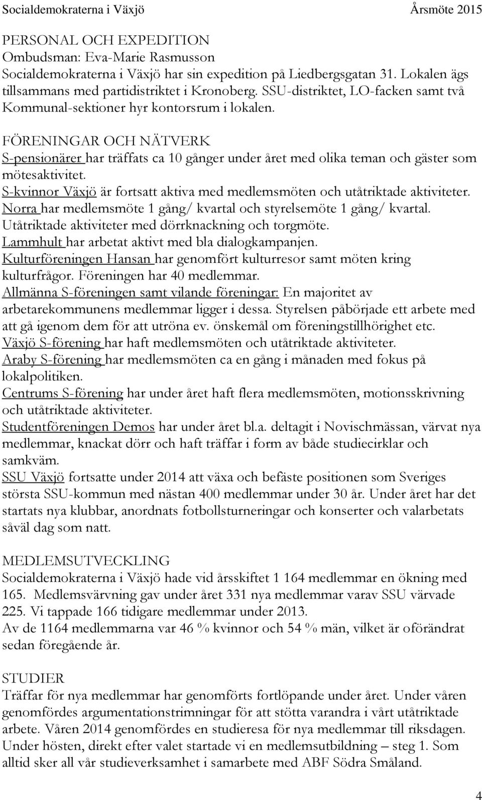 S-kvinnor Växjö är fortsatt aktiva med medlemsmöten och utåtriktade aktiviteter. Norra har medlemsmöte 1 gång/ kvartal och styrelsemöte 1 gång/ kvartal.