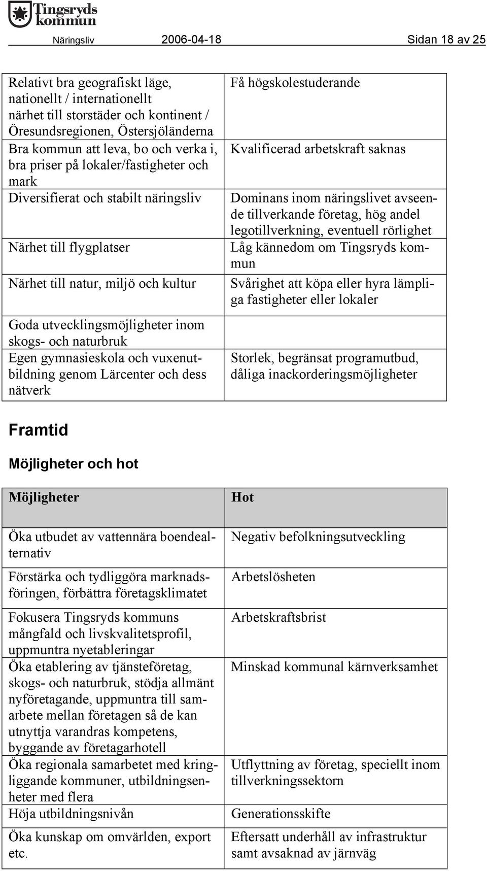 naturbruk Egen gymnasieskola och vuxenutbildning genom Lärcenter och dess nätverk Få högskolestuderande Kvalificerad arbetskraft saknas Dominans inom näringslivet avseende tillverkande företag, hög