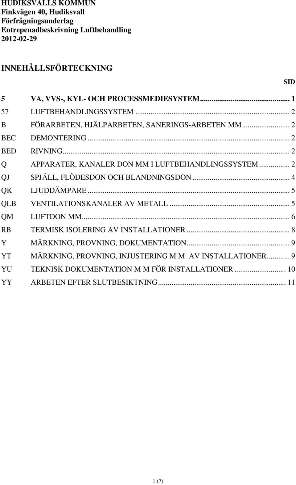 .. 2 Q APPARATER, KANALER DON MM I LUFTBEHANDLINGSSYSTEM... 2 QJ SPJÄLL, FLÖDESDON OCH BLANDNINGSDON... 4 QK LJUDDÄMPARE... 5 QLB VENTILATIONSKANALER AV METALL.