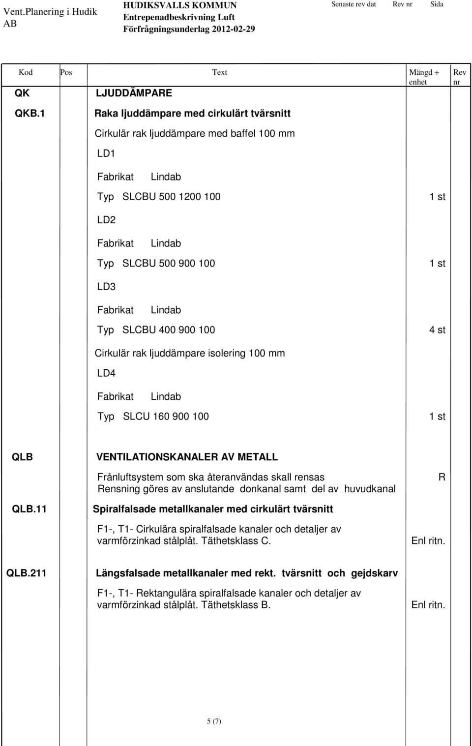 Cirkulär rak ljuddämpare isolering 100 mm LD4 Lindab Typ SLCU 160 900 100 QLB VENTILATIONSKANALER AV METALL Frånluftsystem som ska återanvändas skall rensas Rensning göres av anslutande donkanal