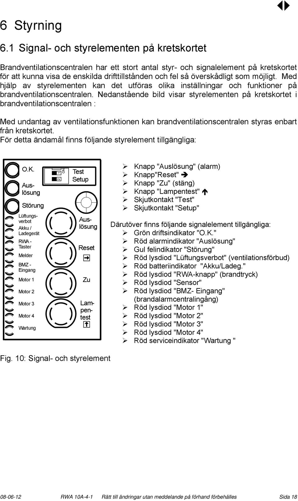 överskådligt som möjligt. Med hjälp av styrelementen kan det utföras olika inställningar och funktioner på brandventilationscentralen.