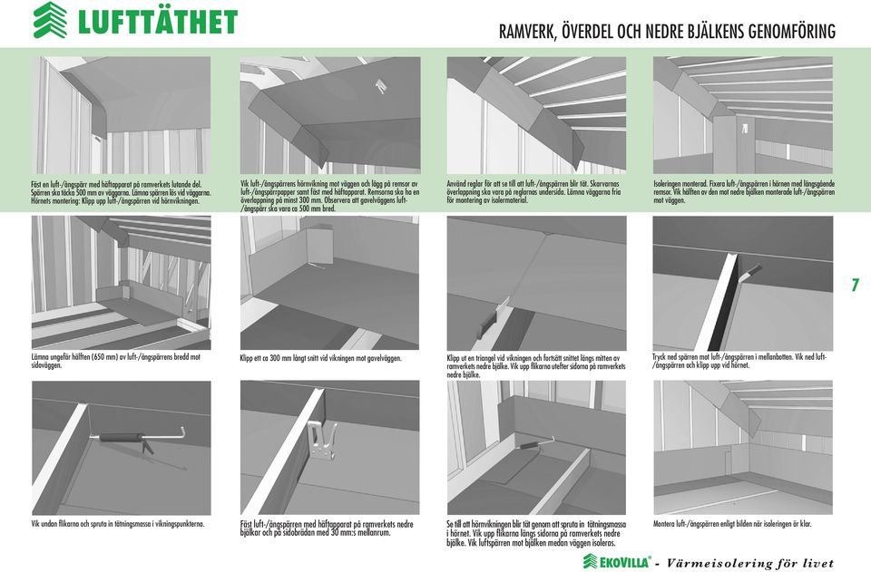 emsorna ska ha en överlappning på minst 00 mm. bservera att gavelväggens luft- /ångspärr ska vara ca 500 mm bred. Använd reglar för att se till att luft-/ångspärren blir tät.