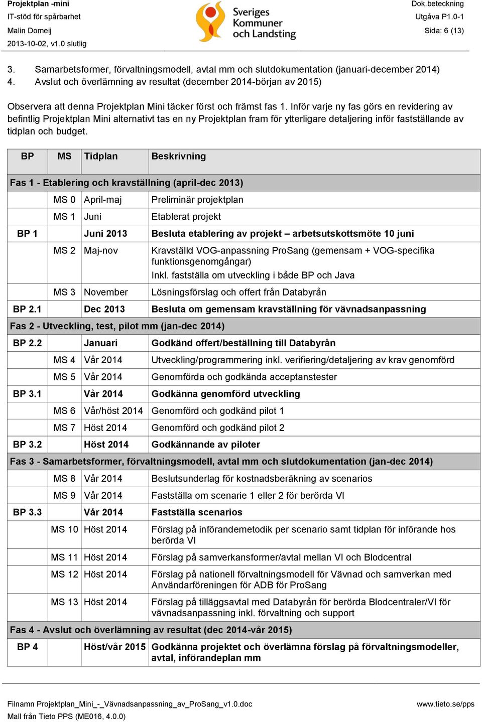 Inför varje ny fas görs en revidering av befintlig Projektplan Mini alternativt tas en ny Projektplan fram för ytterligare detaljering inför fastställande av tidplan och budget.