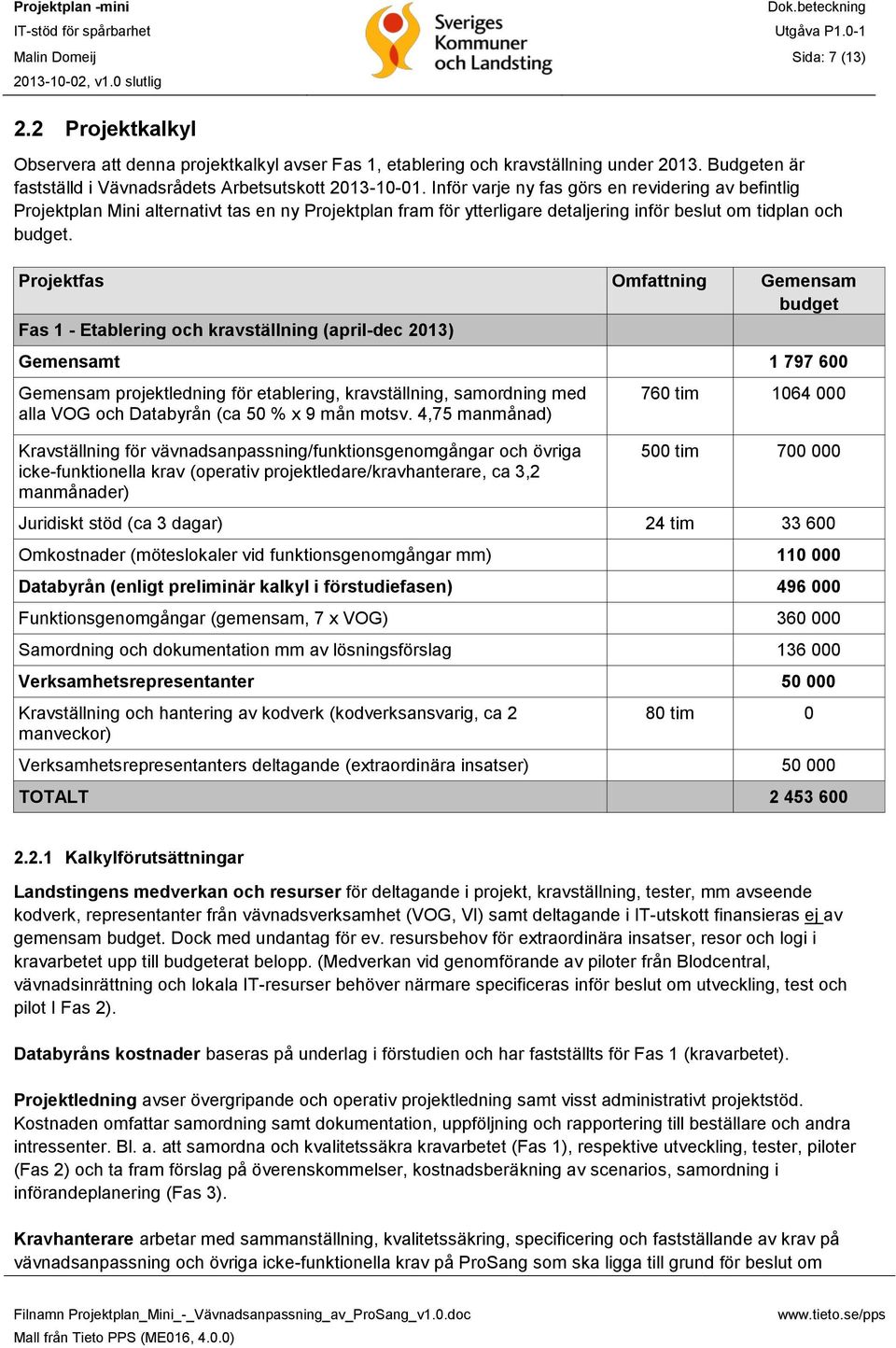 Projektfas Omfattning Gemensam budget Fas 1 - Etablering och kravställning (april-dec 2013) Gemensamt 1 797 600 Gemensam projektledning för etablering, kravställning, samordning med alla VOG och