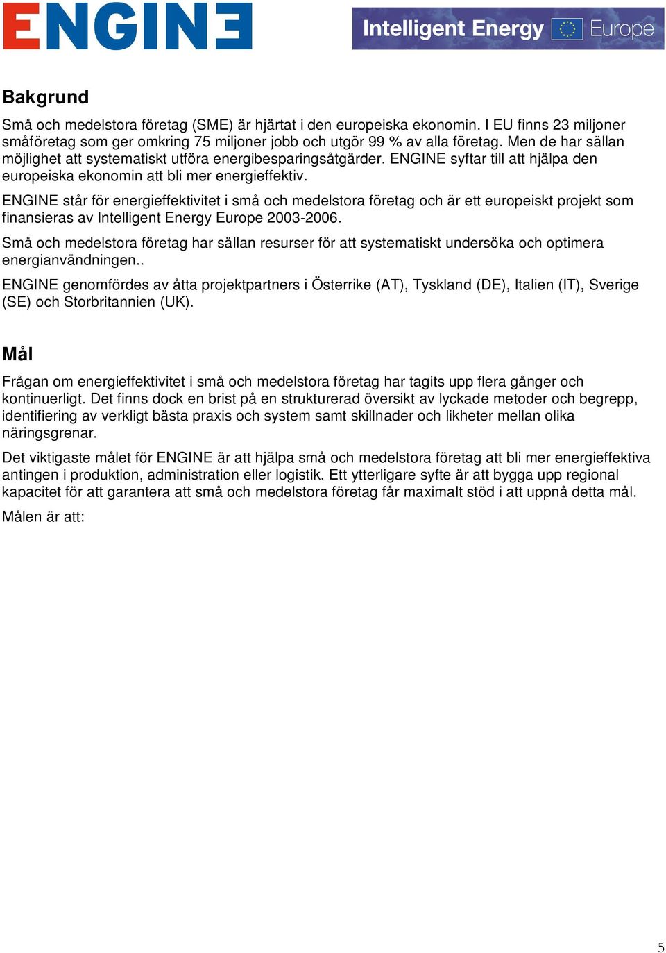 ENGINE står för energieffektivitet i små och medelstora företag och är ett europeiskt projekt som finansieras av Intelligent Energy Europe 2003-2006.