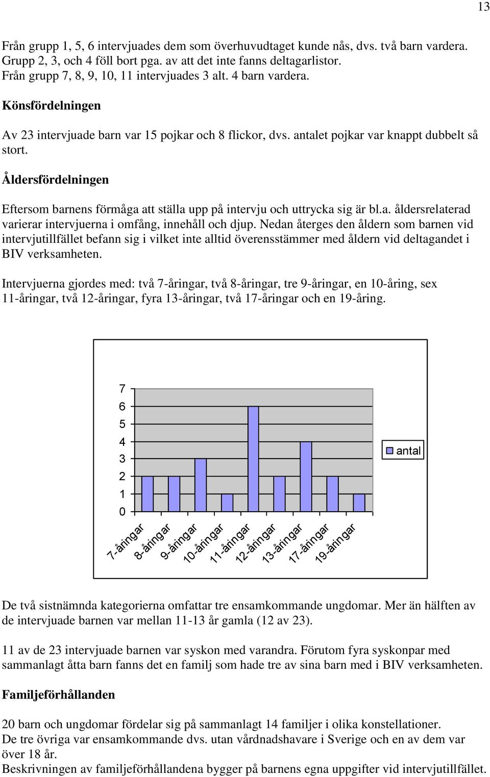 Åldersfördelningen Eftersom barnens förmåga att ställa upp på intervju och uttrycka sig är bl.a. åldersrelaterad varierar intervjuerna i omfång, innehåll och djup.