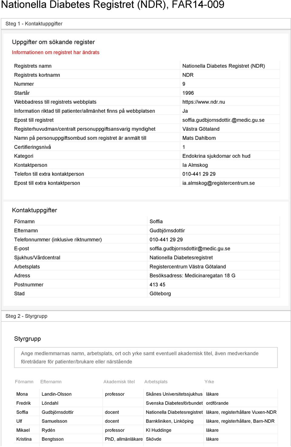 gudbjornsdottir.@medic.gu.se Registerhuvudman/centralt personuppgiftsansvarig myndighet Västra Götaland Namn på personuppgiftsombud som registret är anmält till Mats Dahlbom Certifieringsnivå 1