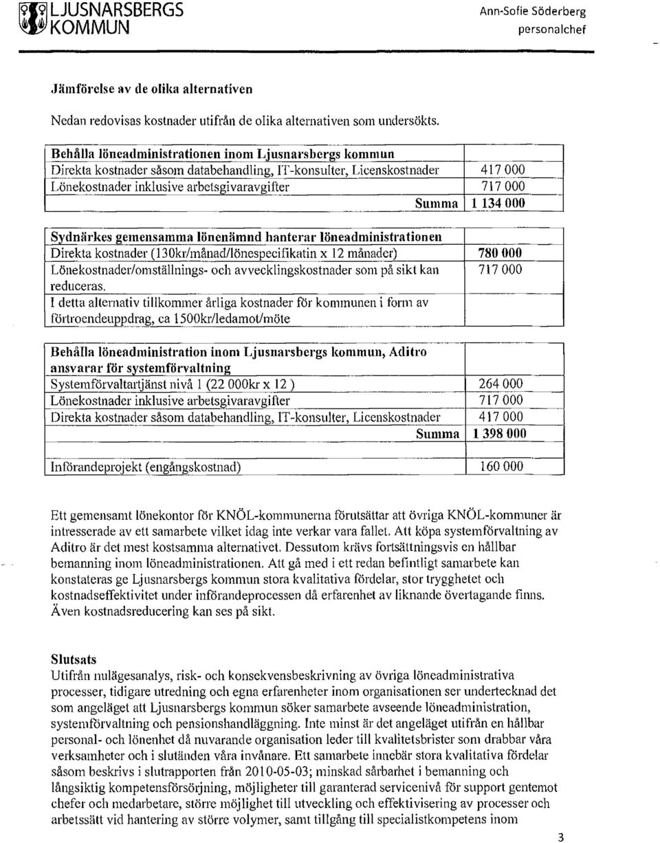 000 Syclnärkes gemensamma lönenämncl hanterar Iöneaclministrationen Direkta kostnader (130kr/månad/lönespecifikatin x 12 månader) 780 000 Lönekostnader/omställnings- och avvecklingskostnader som på