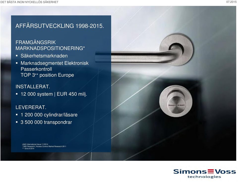 Passerkontroll TOP 3** position Europe INSTALLERAT. 12 000 system EUR 450 milj.