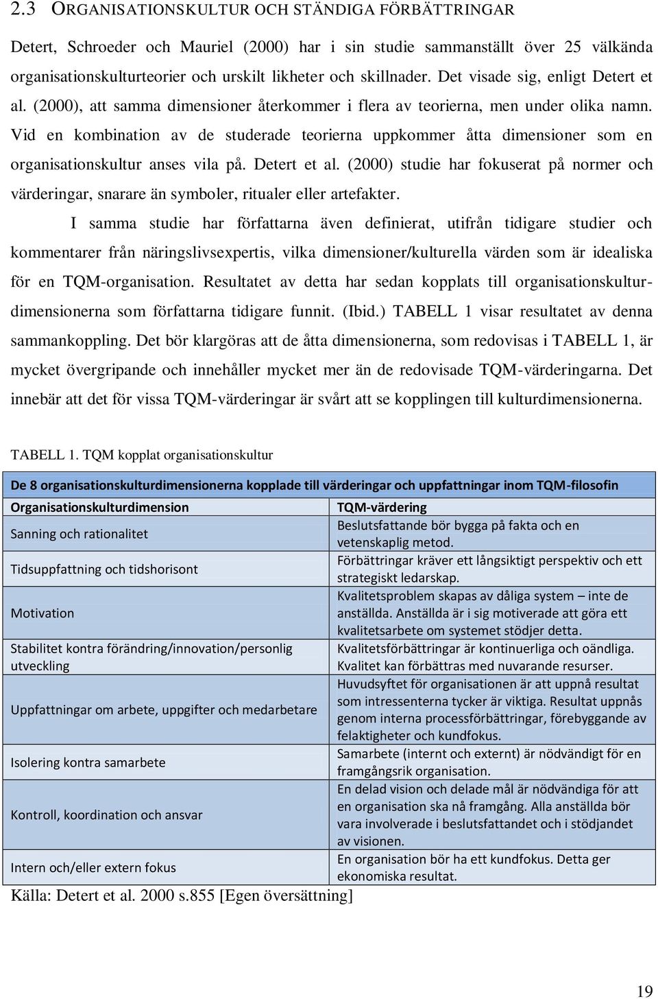 Vid en kombination av de studerade teorierna uppkommer åtta dimensioner som en organisationskultur anses vila på. Detert et al.