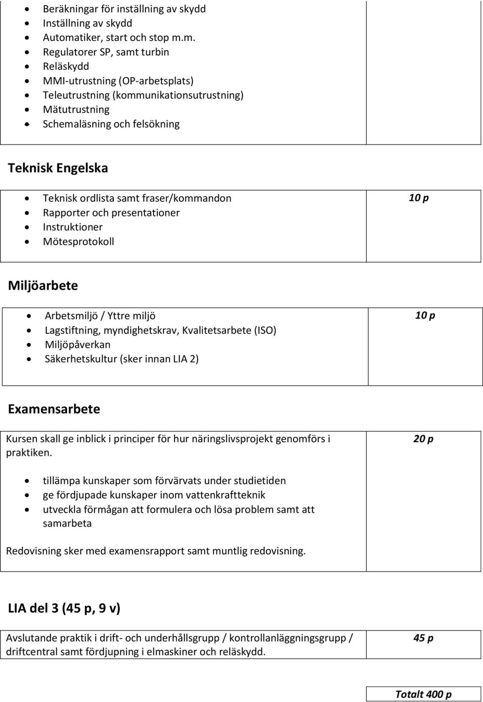 m. Regulatorer SP, samt turbin Reläskydd MMI-utrustning (OP-arbetsplats) Teleutrustning (kommunikationsutrustning) Mätutrustning Schemaläsning och felsökning Teknisk Engelska Teknisk ordlista samt