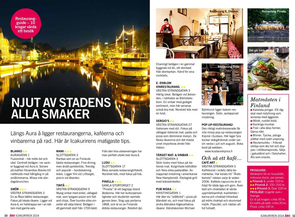 Njut av stadens alla smaker Längs Aura å ligger restaurangerna, kaféerna och vinbarerna på rad. Här är Icakurirens matigaste tips. Blanko AURAgAtAN 1 Fusionmat här möts öst och väst.