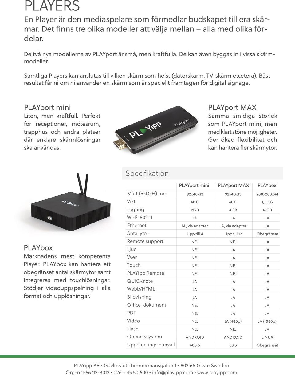 Bäst resultat får ni om ni använder en skärm som är speciellt framtagen för digital signage. PLAYport mini Liten, men kraftfull.