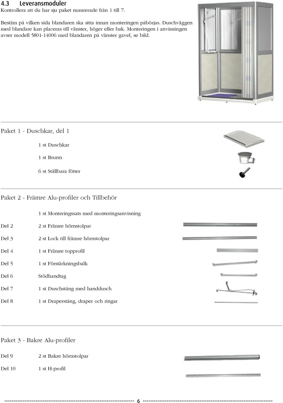 Paket 1 - Duschkar, del 1 1 st Duschkar 1 st Brunn 6 st Ställbara fötter Paket 2 - Främre Alu-profiler och Tillbehör 1 st Monteringssats med monteringsanvisning Del 2 Del 3 Del 4 Del 5 Del 6 Del 7