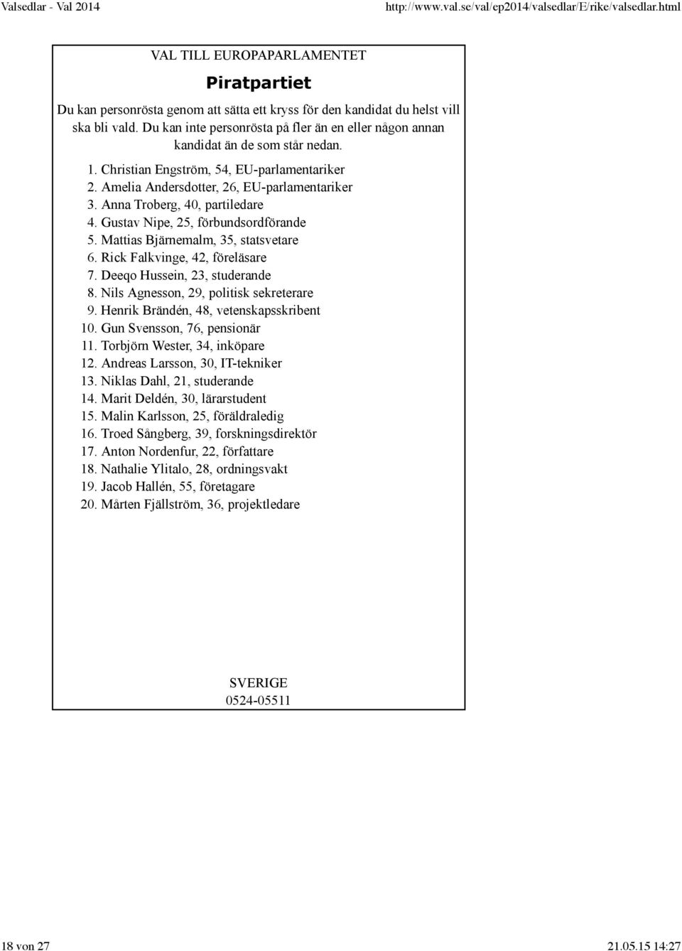 Deeqo Hussein, 23, studerande 8. Nils Agnesson, 29, politisk sekreterare 9. Henrik Brändén, 48, vetenskapsskribent 10. Gun Svensson, 76, pensionär 11. Torbjörn Wester, 34, inköpare 12.